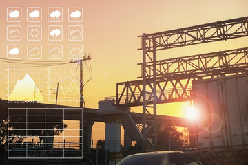 Wall Mural - weather forecast symbol data presentation with graph and chart on sunrise morning background.