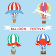 Cartoon aerostat air balloon festival sky flight travel basket retro airship icons set design vector illustration