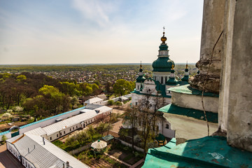 Landscape view of Chernihiv on a sunny spring day from a height against blue sky