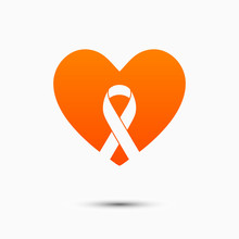 Orange Awareness Ribbon Vector Illustration With Awareness Badge In Front Of An Orange Heart Shape. Symbol Of Multiple Sclerosis, Self Injury, And Kidney Related Cancer Awareness Programs.