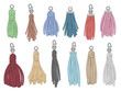 © Tartila - Tassels accessories. Leather fringe tassel trinket, handbag embelishments and fashion key chain isolated vector illustration