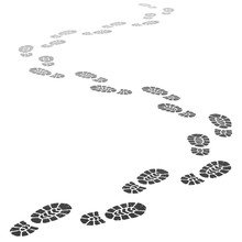 Walking Away Footsteps. Outgoing Footprint Silhouette, Footstep Prints And Shoe Steps Going In Perspective Vector Illustration
