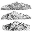 Mountains peak vector hand drawn landscape. Ridge and ranges with forest panoramic view.