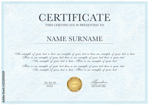 Certificate Template With Guilloche Pattern Frame Border And Gold
