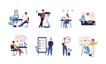 Collection Of People Successfully Organizing Their Tasks And Appointments. Set Of Scenes With Efficient And Effective Time Management And Multitasking At Work. Flat Cartoon Vector Illustration.