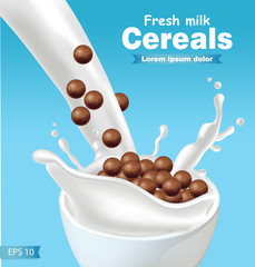 Chocolate cereals in milk splash Vector realistic. Blue background 3d detailed effect illustrations