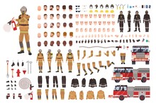 Firefighter Creation Set Or DIY Kit. Bundle Of Fireman Body Parts, Facial Expressions, Protective Clothing, Equipment, Fire Engine Isolated On White Background. Flat Cartoon Vector Illustration.