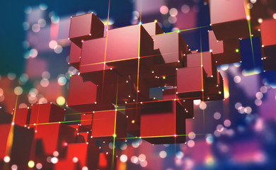 Aufkleber - Block chain. The global architecture of the information space of the future. 3D illustration of an array of cubes with bright neon rays of light.