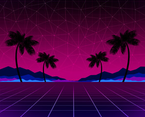 Wall Mural - Glowing neon, synthwave and retrowave background template. Retro video games, futuristic design, rave music, 80s computer graphics and sci-fi concept.