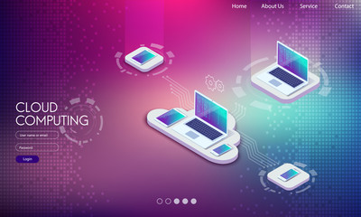 Web development and coding. Cross platform development website. Adaptive layout internet page or web interface on screen laptop, tablet and phone. Isometric concept illustration.