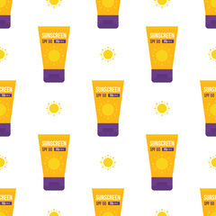 Wall Mural - Cute cartoon vector seamless pattern background with bottles of sunscreen and sun.