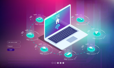 Web development and coding. Cross platform development website. Adaptive layout internet page or web interface on screen laptop, tablet and phone. Isometric concept illustration.