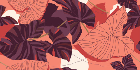 Wall Mural - Tropical leaves on a pink background. Floral seamless pattern in modern style. Vector illustration