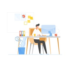 Programmer or coder sitting at desk and working on computer. Work in software development and testing, programming or program coding. Office worker or employee. Modern flat vector illustration.