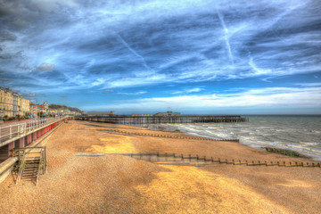 Poster - Hastings beach and pier East Sussex England UK in colourful HDR