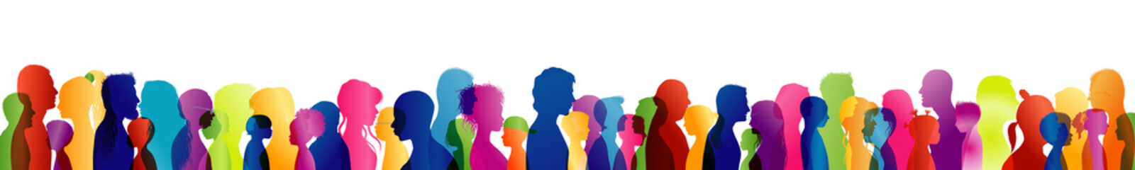 Concept of solidarity or communication between different people and of different ages and multi-ethnic. Silhouette colored profile heads. Multiple exposure. Dialogue crowd of many people