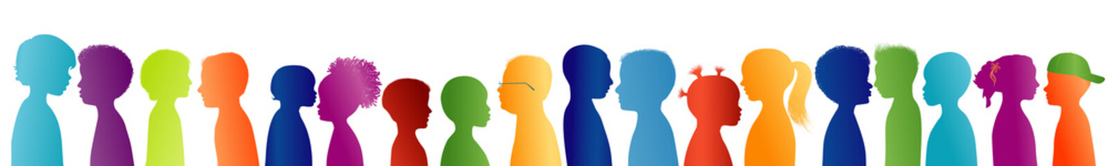 Silhouette group of colored profile children. Communication between multi-ethnic children. Children talking