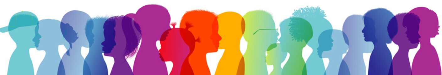 rainbow group of modern children in colorful silhouette profile. communication between multi-ethnic 