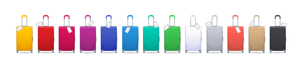 Colorful set of modern plastic suitcases with wheels, retractable handle and luggage tag label on suitcase with country code and barcode. Polycarbonate suitcases isolated on white.