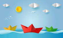 Origami Boat Sailing In The Ocean, Paper Art And Digital Craft Style, Leadership Concept, Flat Vector Illustration.