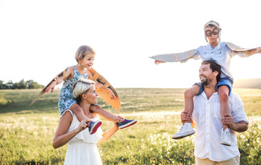 Wall Mural - Young family with small children playing on a meadow in nature.