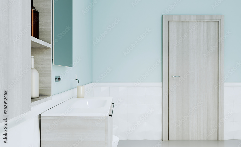 View of the bathroom with modern furniture and a door in bright colors.. 3D rendering. Mockup - obrazy, fototapety, plakaty 