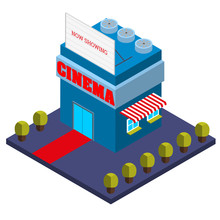 Isometric Dard Blue Cinema Theater With Billboard Text Now Showing On Rooftop And Ticket Counter Under Red White Awning