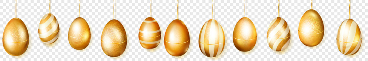 Horizontal banner of golden Easter eggs with stripes and without hanging on transparent background