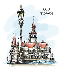 Hand Drawn Old Town. Beautiful Town View. Old Architecture. Cute Buildings, Vintage Lantern And Bay. Sketch. Beautiful Landscape. Vector Illustration.