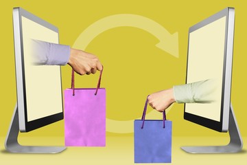 modern concept, two hands from displays. hand with shopping bag and hand with shopping bag. 3d illustration