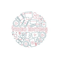 Wall Mural - Movie circle background. Film cinema production items in round shape tv equipment multimedia clapper vector conceptual picture. Illustration of multimedia equipment, media and camera
