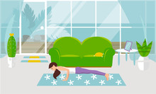 Vector Illustration The Girl Is Engaged In Yoga In The Pose Of Stap At Home, In A Cozy Living Room. Design Of A Modern Room With Furniture And Accessories. Large Window, Glass Door.