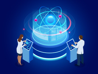Development of nuclear or atomic technology. Interaction of different studies. Isometric vector illustration