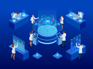 Development of nuclear or atomic technology. Interaction of different studies. Isometric vector illustration