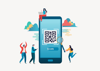 Canvas Print - qr code scanning. people scan qr code for payment via smartphone. flat vector illustration modern ch