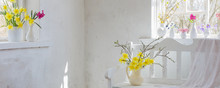 Beautiful Spring Flowers In White Vintage Interior