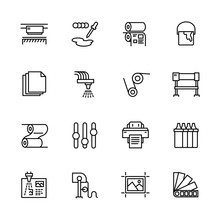 Printing House Simple Icon Set. Contains Such Symbols Printer, Scanner, Offset Machine, Plotter, Brochure, Rubber Stamp. Polygraphy Office, Typography Concept.