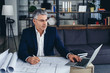 © Pixel-Shot - Mature architect working with laptop and drawings in office