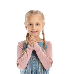 Poster - Little girl on white background. Concept of speech therapy