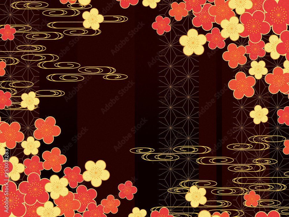 和柄 梅と観世水の背景素材/黒・赤 の Stock イラスト | Adobe Stock