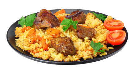 Wall Mural - pilaf with meat on black plate isolated on white background