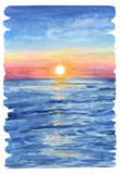 Fototapeta Zachód słońca - Watercolor painting the background of sea sunset view with jagged edges and brush marks.