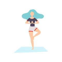 Sticker - Girl in Tree Pose, Young Woman Practicing Yoga, Physical Workout Training Vector Illustration