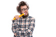 canvas print picture - Crazy thoughtful bearded Man in plaid shirt with funny Haircut in eye Glasses holding Big Pencil - ponder and dreaming, isolated on white background.