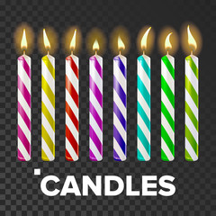 Sticker - Candles Set Vector. Cake. Fire Light. Lit Wick. Glow Cake. Transparent Background. Isolated Realistic Illustration