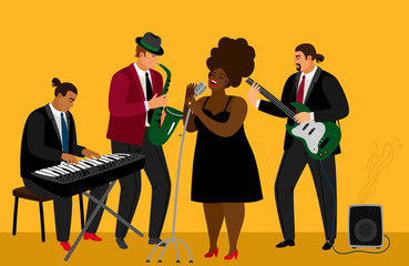 Jazz band vector illustration. Musician team and singer characters on bright yellow background