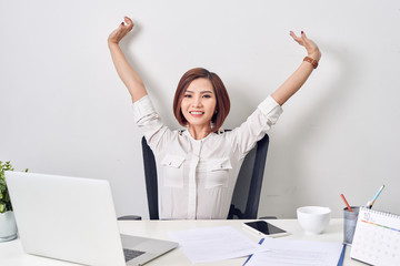 Sticker - Satisfied woman relaxing with hands behind her head. Happy smiling employee after finish work, reading good news, break at work, girl doing simple exercise, relieve muscle stress, feeling well