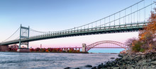 Hell Gate Bridge And Triborough Bridge At Night, In Astoria, Queens, New York. USA