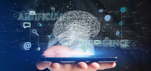 Man holding a 3d rendering artificial intelligence concept with a brain and app