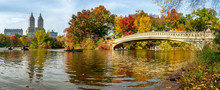 Panoramic View Of Autumn Landscape With Bow Bridge In Central Park. New York City. USA